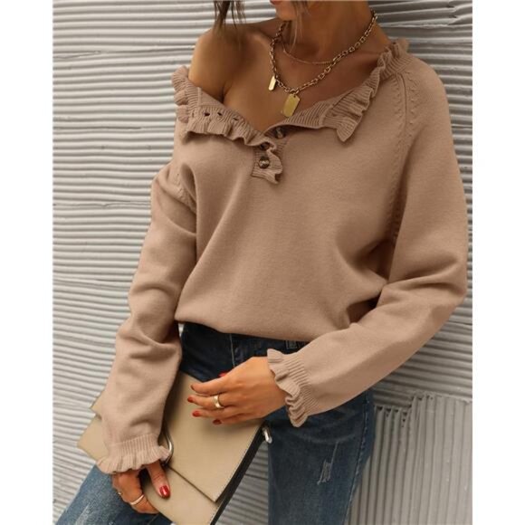 Womens Sweaters Fall Winter Outfits Long Sleeve Button Down Ruffle Crew Neck - Picture 6 of 7